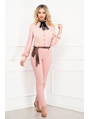 Pantaloni MBG office conici roz prafuit cu funda stilizata din panglica cu animal print
