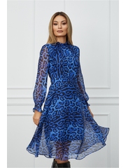 Rochie Dy Fashion albastra cu animal print si guler incretit