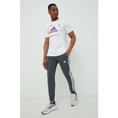 Adidas pantaloni de trening din bumbac barbati, culoarea gri, cu imprimeu