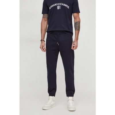Armani Exchange pantaloni de trening din bumbac culoarea albastru marin, neted
