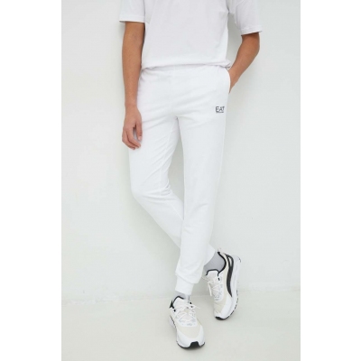 EA7 Emporio Armani pantaloni de trening din bumbac culoarea alb, neted