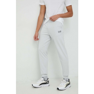 EA7 Emporio Armani pantaloni de trening din bumbac culoarea gri, neted