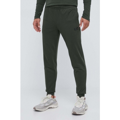 EA7 Emporio Armani pantaloni de trening din bumbac culoarea verde, neted
