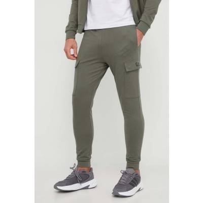 EA7 Emporio Armani pantaloni de trening din bumbac culoarea verde, neted