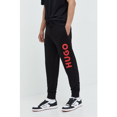 HUGO pantaloni de trening din bumbac barbati, culoarea negru, cu imprimeu