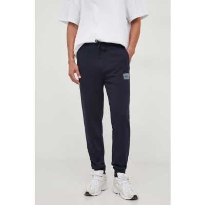 HUGO pantaloni de trening din bumbac culoarea albastru marin, cu imprimeu