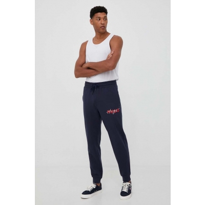 HUGO pantaloni lounge din bumbac culoarea albastru marin, cu imprimeu