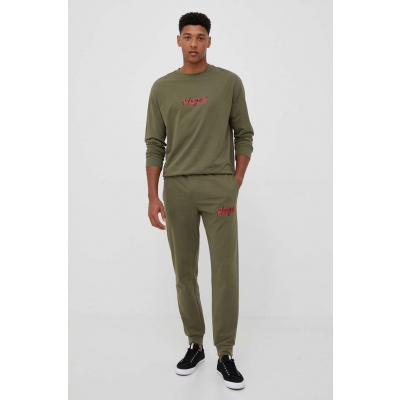 HUGO pantaloni lounge din bumbac culoarea verde, cu imprimeu