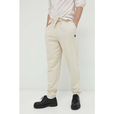 Tommy Jeans pantaloni de trening din bumbac barbati, culoarea bej, neted