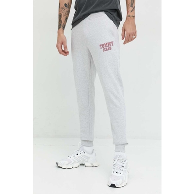 Tommy Jeans pantaloni de trening din bumbac culoarea gri, cu imprimeu