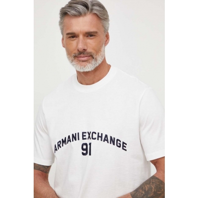 Armani Exchange tricou din bumbac barbati, culoarea alb, cu imprimeu