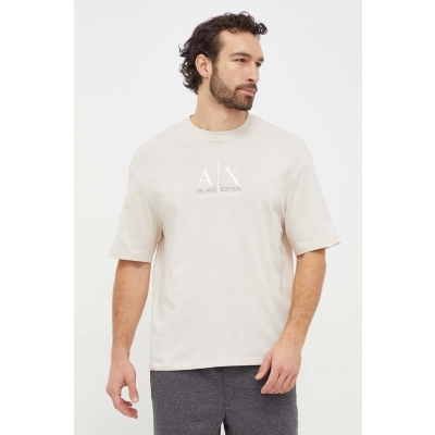 Armani Exchange tricou din bumbac barbati, culoarea bej, cu imprimeu