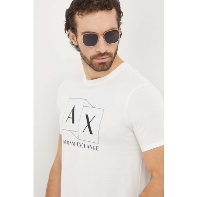 Armani Exchange tricou din bumbac barbati, culoarea bej, cu imprimeu