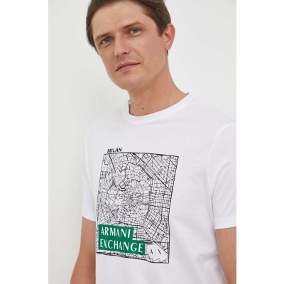 Armani Exchange tricou din bumbac culoarea alb, cu imprimeu