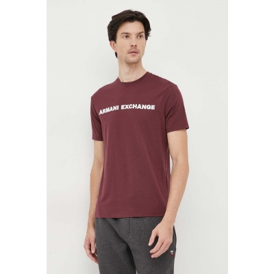 Armani Exchange tricou din bumbac culoarea bordo, cu imprimeu