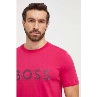 Boss Green tricou din bumbac barbati, culoarea roz, cu imprimeu