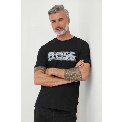 Boss Orange tricou din bumbac BOSS ORANGE culoarea negru, cu imprimeu