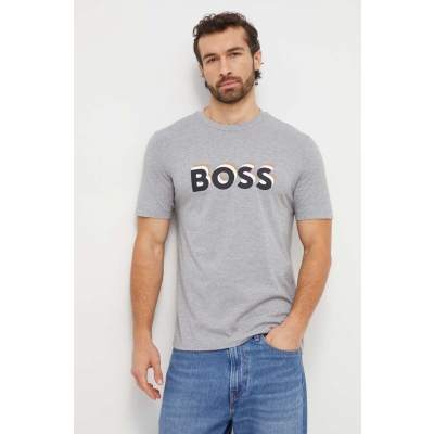 BOSS tricou din bumbac barbati, culoarea gri, cu imprimeu