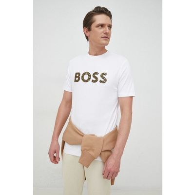 BOSS tricou din bumbac culoarea alb, cu imprimeu
