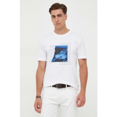 BOSS tricou din bumbac culoarea alb, cu imprimeu