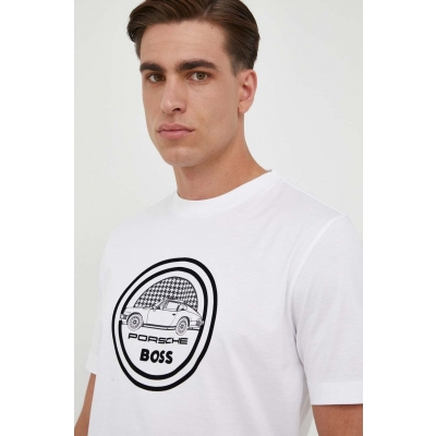 BOSS tricou din bumbac culoarea alb, cu imprimeu