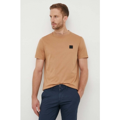 BOSS tricou din bumbac culoarea bej, cu imprimeu