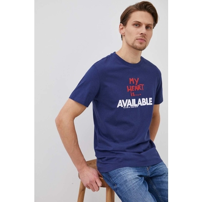 Desigual tricou din bumbac culoarea albastru marin, cu imprimeu