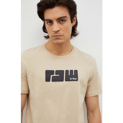 G-Star Raw tricou din bumbac culoarea bej, cu imprimeu
