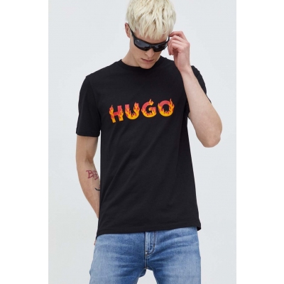 HUGO tricou din bumbac barbati, culoarea negru, cu imprimeu