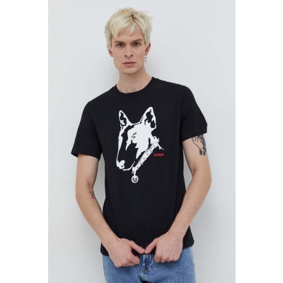 HUGO tricou din bumbac barbati, culoarea negru, cu imprimeu