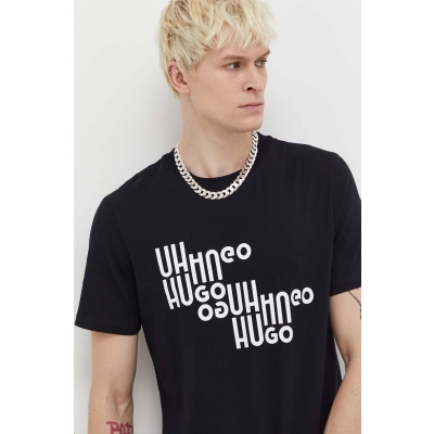 HUGO tricou din bumbac barbati, culoarea negru, cu imprimeu