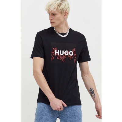 HUGO tricou din bumbac barbati, culoarea negru, cu imprimeu