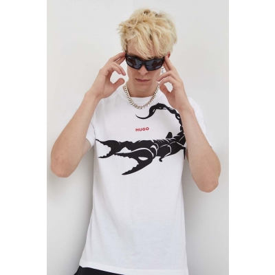 HUGO tricou din bumbac culoarea alb, cu imprimeu