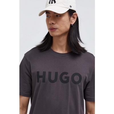 HUGO tricou din bumbac culoarea gri, cu imprimeu