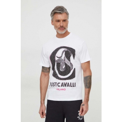 Just Cavalli tricou din bumbac barbati, culoarea alb, cu imprimeu