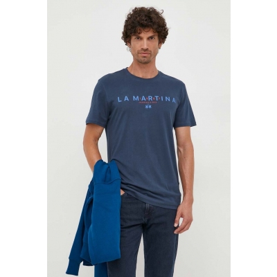 La Martina tricou din bumbac culoarea albastru marin, cu imprimeu