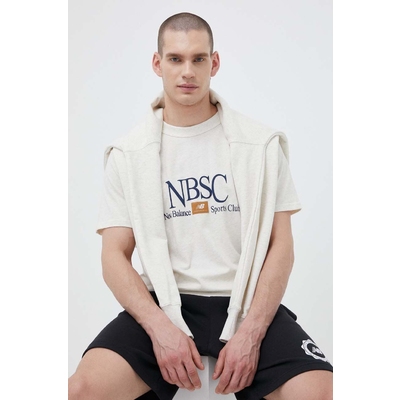 New Balance tricou din bumbac culoarea bej, cu imprimeu