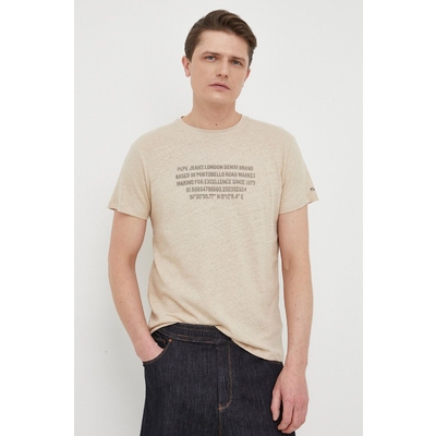 Pepe Jeans tricou din amestec de in Ricci culoarea bej, cu imprimeu