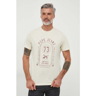Pepe Jeans tricou din bumbac barbati, culoarea bej, cu imprimeu