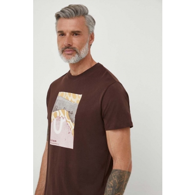 Pepe Jeans tricou din bumbac barbati, culoarea maro, cu imprimeu