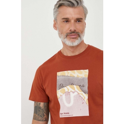 Pepe Jeans tricou din bumbac barbati, culoarea maro, cu imprimeu