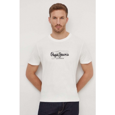 Pepe Jeans tricou din bumbac Castle barbati, culoarea bej, cu imprimeu