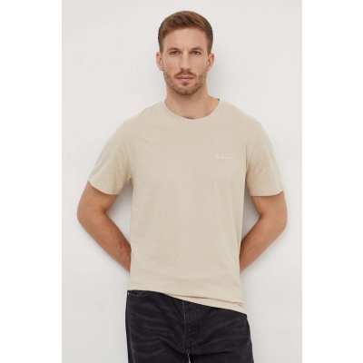 Pepe Jeans tricou din bumbac Connor barbati, culoarea bej, neted