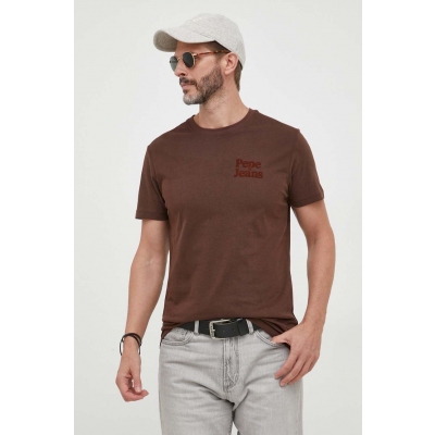 Pepe Jeans tricou din bumbac culoarea maro, neted