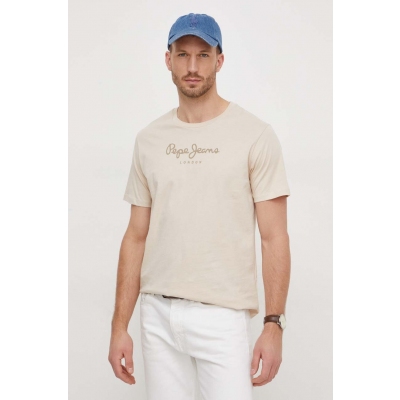 Pepe Jeans tricou din bumbac Eggo barbati, culoarea bej, cu imprimeu
