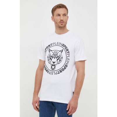 PLEIN SPORT tricou din bumbac culoarea alb, cu imprimeu
