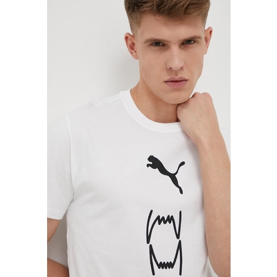 Puma tricou din bumbac culoarea alb, cu imprimeu