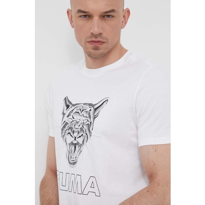 Puma tricou din bumbac culoarea alb, cu imprimeu