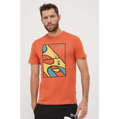 Puma tricou din bumbac culoarea portocaliu, cu imprimeu