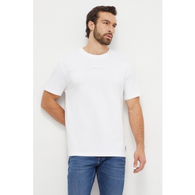 Tommy Jeans tricou din bumbac barbati, culoarea alb, cu imprimeu
